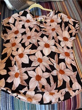 CAbi Black Orange Floral V-Neck Blouse